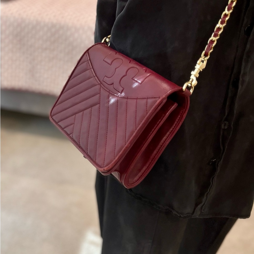 Tory Burch Quilted Burgundy Patent Leather Crossbody with Gold Chain